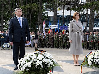 Moldovan president Maia Sandu visits the Eternity Memorial Complex in Chişinău on 9 May 2024